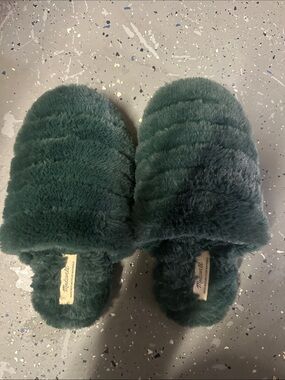 Madewell Plush Fuzzy Slide Slippers in Deep Green
